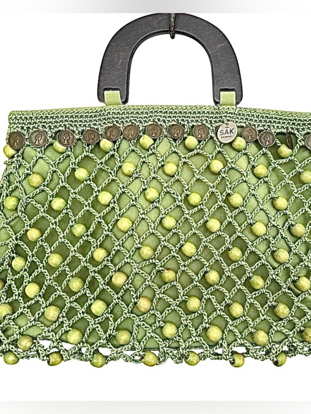 The Sak Olive Green Handbag with Wooden Bead Netting and Dark Wood Handles